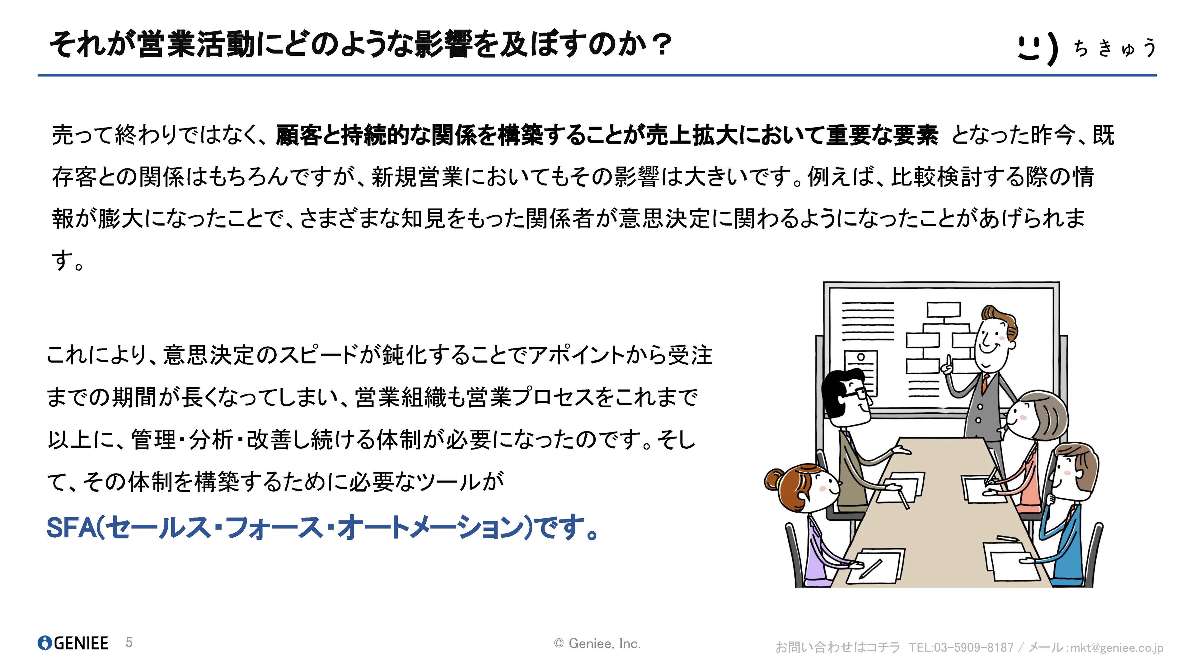 SFAは「売上アップ」「業務効率化」等といった目的達成のための、一種の手法であり、
SFAを導入することが目的となっては、 本来の目的を達成させることはできません。